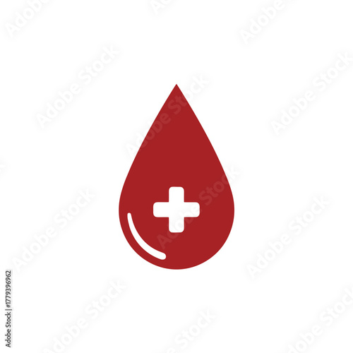 Red blood drop with black plus symbol isolated on black background representing medical health and science graphic element