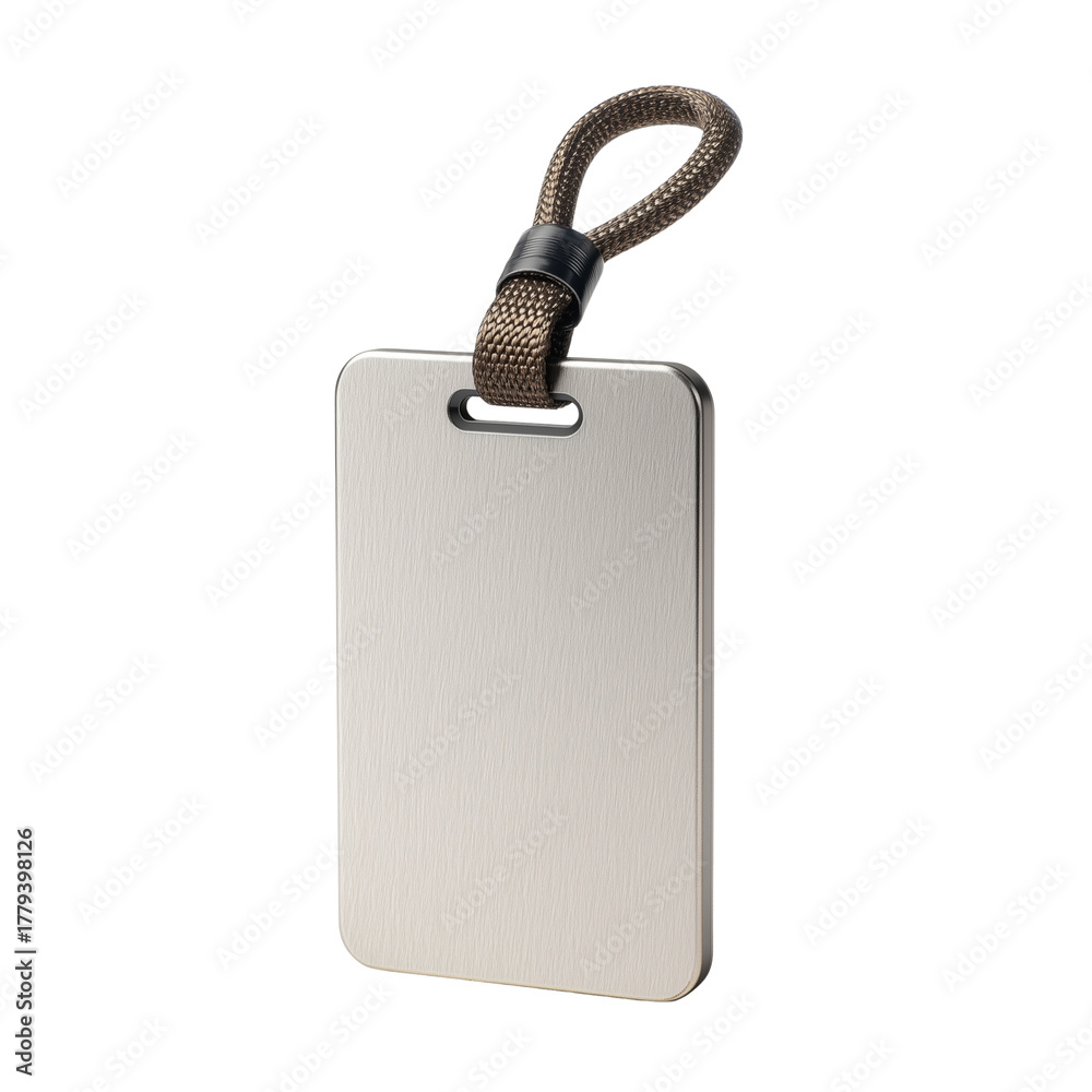 Fototapeta premium Blank reflective luggage tag with leather strap on isolated background for travel branding isolated on transparent background