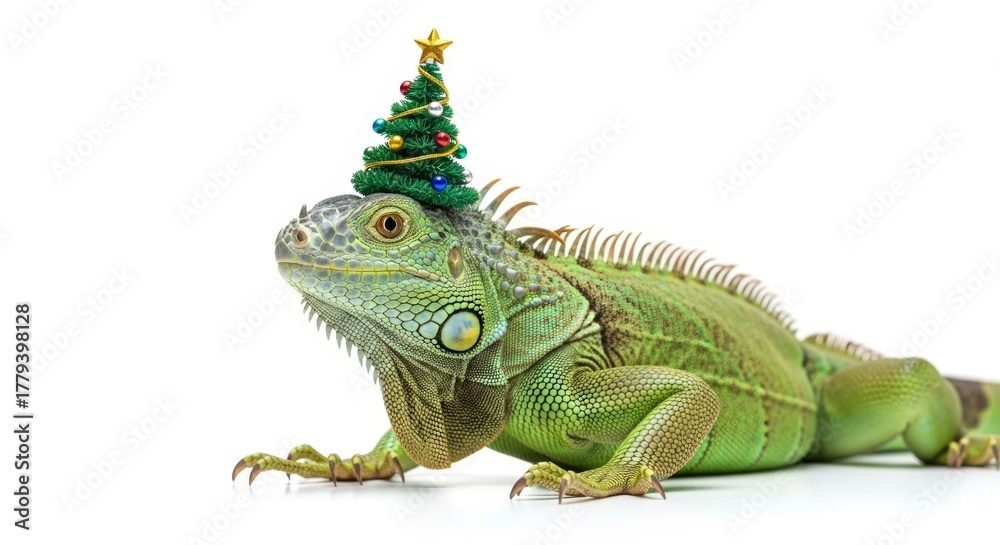 Obraz premium iguana wearing a Christmas tree hat, holiday animal graphic, on a white background