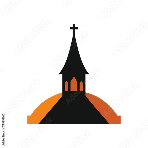 Stylized church steeple silhouette with cross against an orange curve