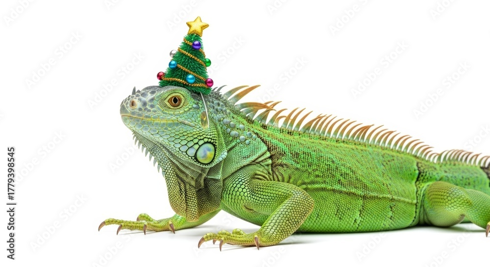 Fototapeta premium iguana wearing a Christmas tree hat, holiday animal graphic, on a white background