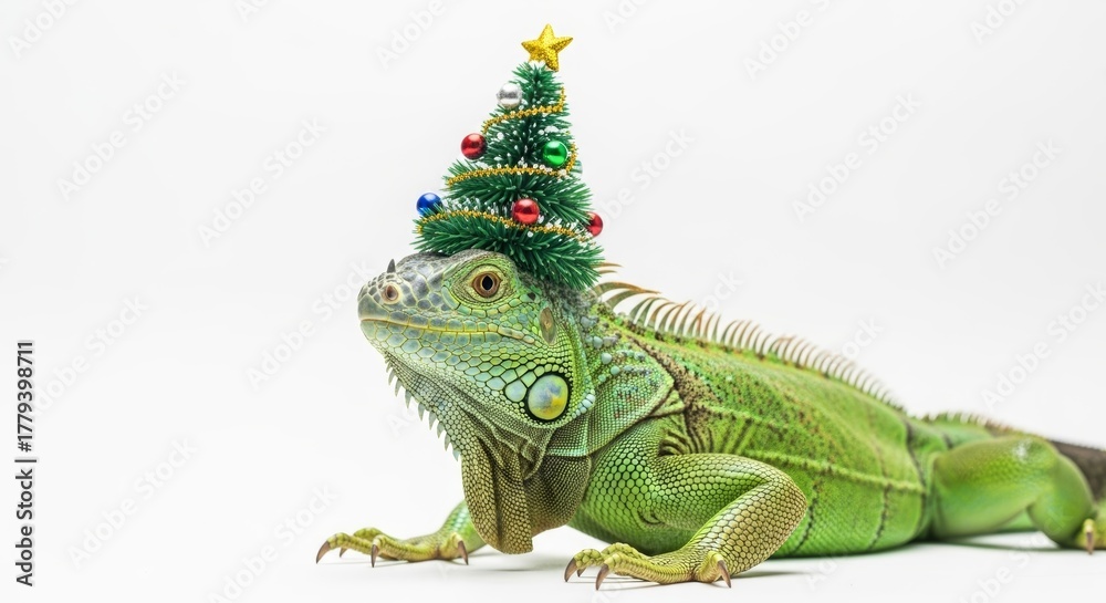 Obraz premium iguana wearing a Christmas tree hat, holiday animal graphic, on a white background