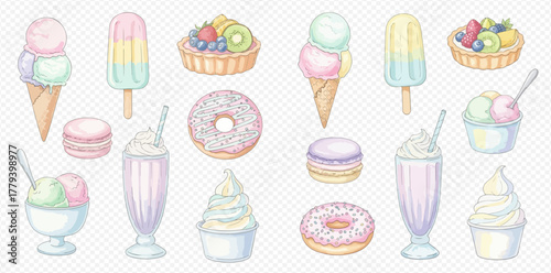 A collection of watercolor pastel desserts including ice cream, popsicles, donuts, macarons, milkshakes, and fruit tarts on a transparent background.
