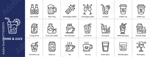 Drink and juice icons set with alcoholic, non-alcoholic, and beverage concepts