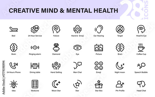 Creative mind and mental health icons. Collection for ideas, medicine, sleep, and brain concepts with a modern, minimal line art style.