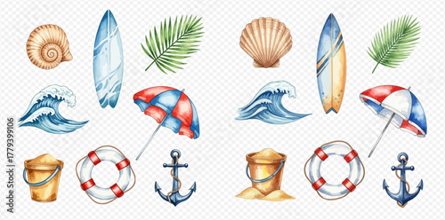 Watercolor collection of summer and beach elements including seashells, surfboards, waves, umbrellas, sand buckets, lifebuoys, and anchors on a transparent background.