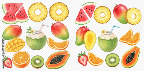 A vibrant collection of watercolor illustrations featuring various tropical fruits and a refreshing coconut drink.