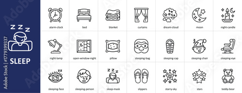 Sleep vector icons set with nighttime, rest, and bedroom elements