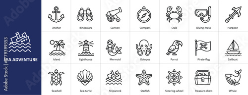 Sea adventure icons set with nautical, pirate, and marine life concepts