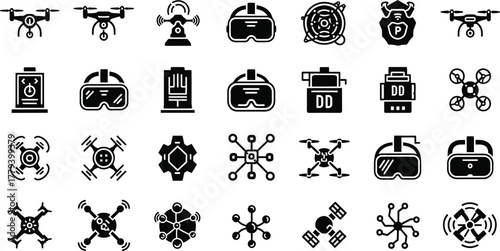 Collection of drone and futuristic helmet icons in a grid isolated on transparent background