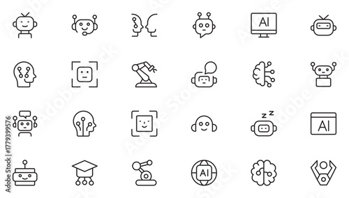 Robotics And Ai Icon Set. AI Essentials line Icon collection, artificial intelligence icon set in line style, machine learning, smart robotic Free Vector. Thin outline icons pack. Vector illustration