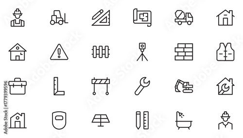Construction Line Icon Set featuring tools, machinery, home repair, and building design essentials.Thin outline icons pack. Vector illustration