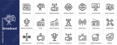 Broadcast Vector Icon Set with News, Radio, Television, and Communication Symbols