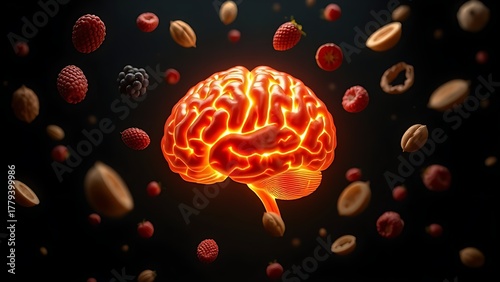 Vibrant glowing brain model surrounded by floating nutritious foods on a dark background.