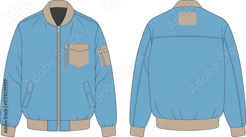 Bomber jacket flat sketch, fashion design vector, technical apparel drawing, clothing illustration, garment construction detail, outerwear style, cad drawing flat vector illustration