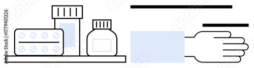 Medicine bottles and pill pack on a shelf with an outstretched hand reaching forward. Ideal for healthcare, pharmacy, medical supply, assistance, prescription, public health, and simple flat metaphor