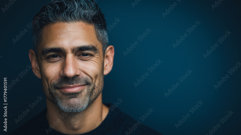 Obraz premium Portrait of a handsome man with graying hair against dark blue