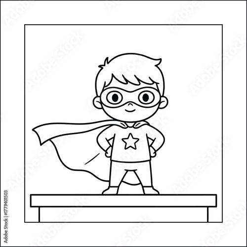 Cozy Little Superhero Boy in Cape and Mask, Bold and Easy Power Coloring Page for Kids, Comic Book Hero Vector Line Art Illustration