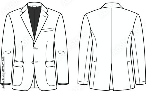 Cad drawing flat vector illustration, men's blazer front and back view, fashion technical sketch, tailoring template, garment design layout