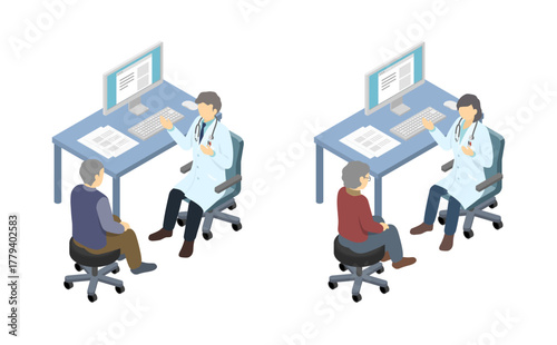 アイソメトリックイラスト：問診する医者とシニア患者