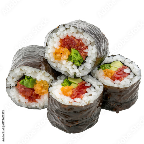 Fresh Sushi Rolls With Colorful Fillings and Seaweed Wrap Enjoyed in a Casual...