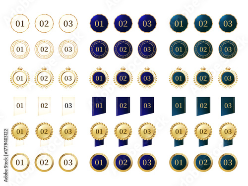 濃紺・深緑・ホワイトの3色で構成されたナンバーメダルセット（01～03の数字入り・金縁ラウンドフレーム・クラウン装飾・リボン付き／ランキング・キャンペーン・表彰用に最適な高級感ベクター） / Elegant Number Medal Set in Navy, Deep Green, and White