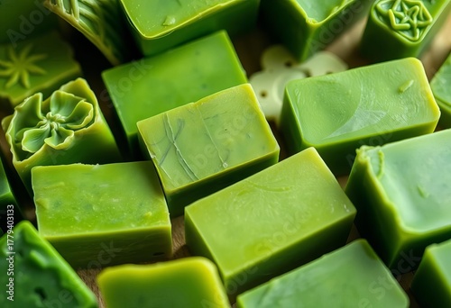Lush green soap bars, various shapes & sizes, close-up,  healthy,  product photography