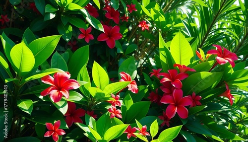 Lush green tropical foliage, vibrant flowers, sunlight dappled leaves,  wallpaper,   floral background