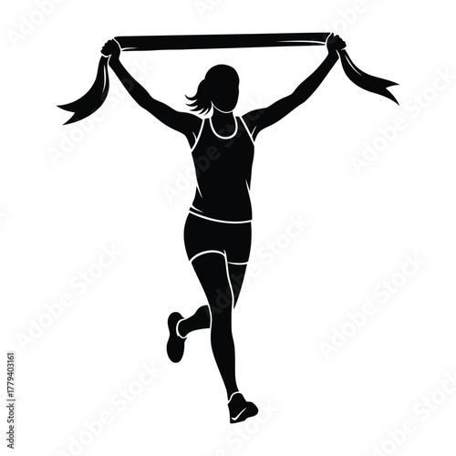 Female Runner holding up finish line banner silhouette