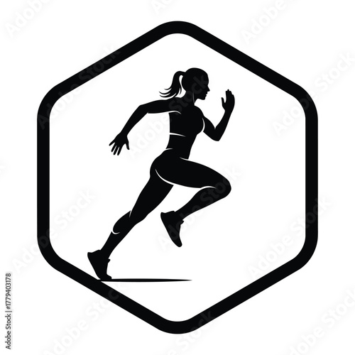 Female Runner silhouette sprinting in hexagon frame