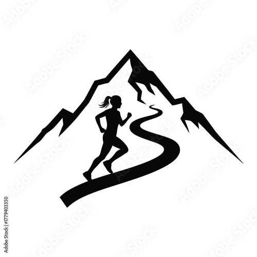 Runner silhouette ascending mountain trail graphic