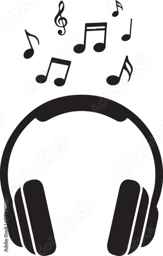 Black headphones with musical notes audio sound
