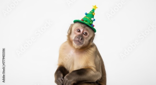 monkey wearing a Christmas tree hat, holiday animal graphic, on a white background