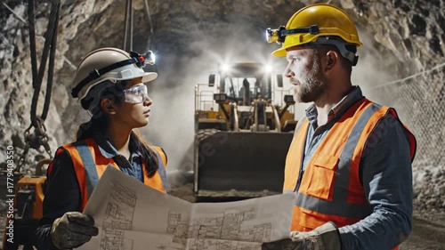 Miners examining a blueprint in a tunnel wearing hard hats and safety vests illuminated by headlamps