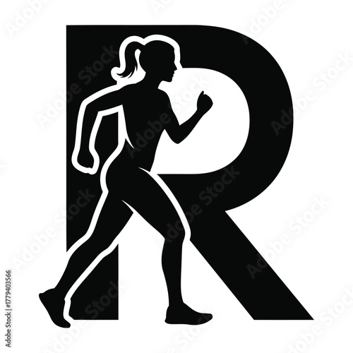 Runner silhouette in front of letter R graphic icon