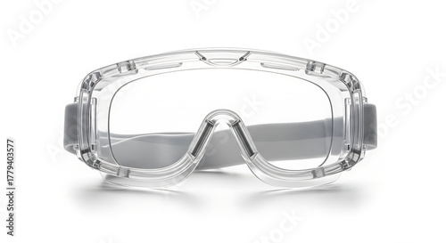 Clear plastic safety goggles for eye protection, isolated on a white background. Protective eyewear for laboratory, construction, and industrial work