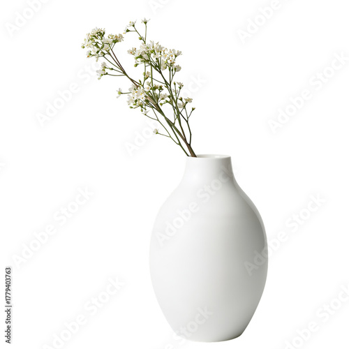 Elegant White Vase With Delicate Flowers Against a Clean Background