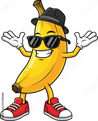 Cartoon banana character illustration, funny fruit mascot design, cool vector drawing with sunglasses, playful food artwork, stylish anthropomorphic fruit, cad drawing flat vector illustration