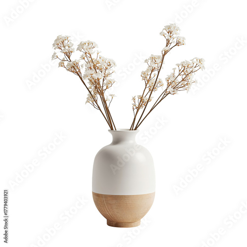 Elegant White Vase With Delicate Flowers Enhancing a Minimalist Decor Style.