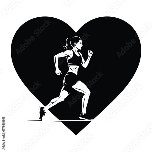Runner silhouette centered in black heart shape graphic