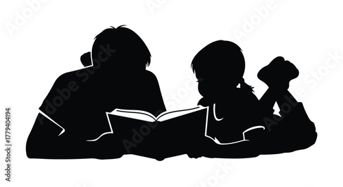 Heartwarming silhouette depicting an adult and child sharing a book, symbolizing educational bonding, family literacy, and the joy of shared reading moments together