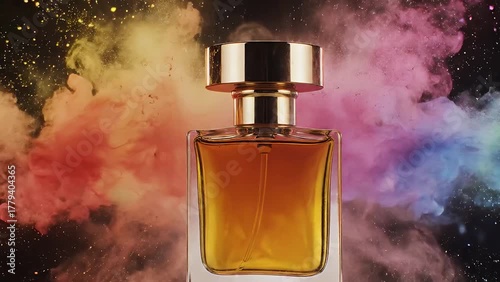 An elegant glass perfume bottle with a gold cap surrounded by a dramatic cloud of colorful smoke