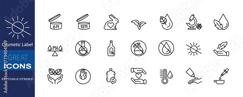 A clean editable-stroke icon set for cosmetic labels, featuring symbols for vegan, cruelty-free, pH balanced, and recyclable skincare packaging.