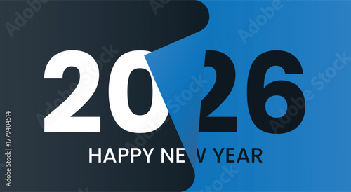 Bold graphic design featuring the year 2026 and a new year greeting page curl effect