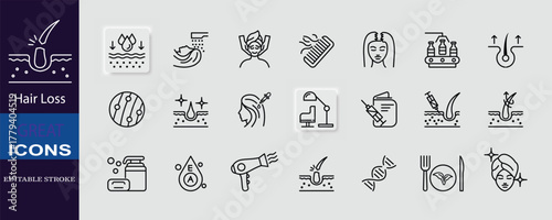 Set of thin line icons illustrating hair loss treatment, scalp care, and hair regeneration. Perfect for beauty, dermatology, and cosmetic brands.