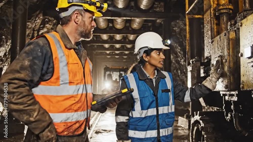 Two miners examine equipment in a dark tunnel lit by helmet lamps