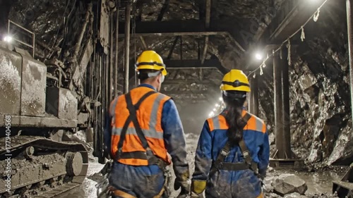 Two miners face each other in a tunnel wearing hard hats and work gear