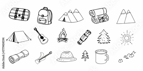 Collection of hand drawn doodle icons representing camping and outdoor adventure gear and elements