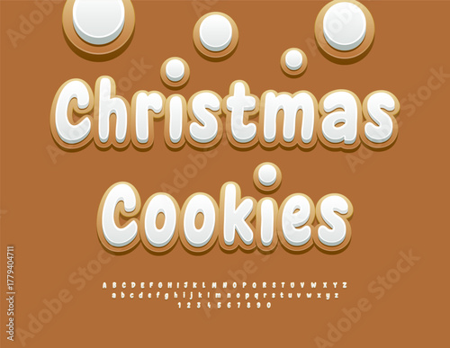 Vector Delicious banner Christmas Cookies. Sweet Gingerbread Font. Sugar Glazed Alphabet Letters and Numbers set.