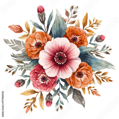 Bright Floral Arrangement With Colorful Flowers and Green Leaves on a White B...